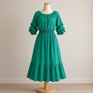 Indigo Rose Jewel Green Crinkle Smocked Ruffle Sleeve Midi Dress S Coastal Boho